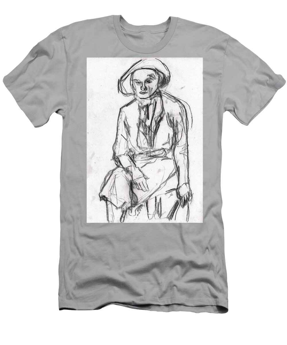People T-Shirt featuring the drawing Woman in a Hat Drawing by Edgeworth Johnstone