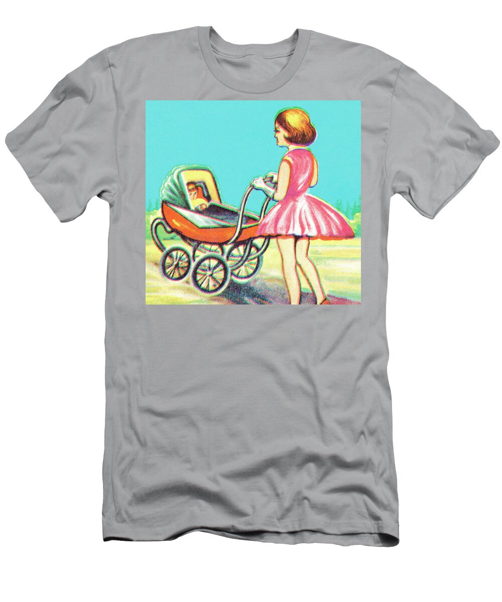Baby T-Shirt featuring the drawing Woman pushing baby in a pram by CSA Images