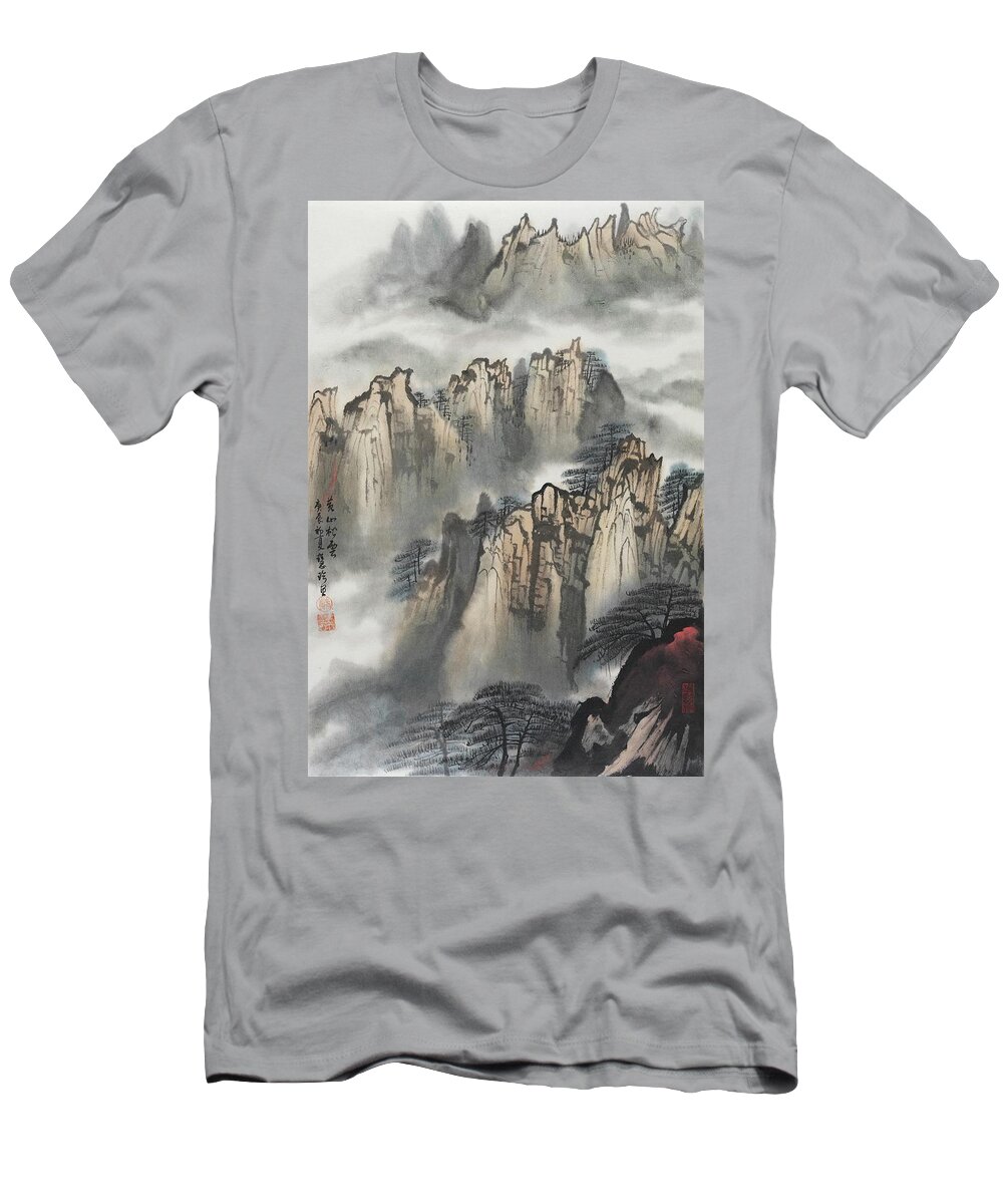 Chinese Watercolor T-Shirt featuring the painting Yellow Mountain - Huangshan - Autumn by Jenny Sanders
