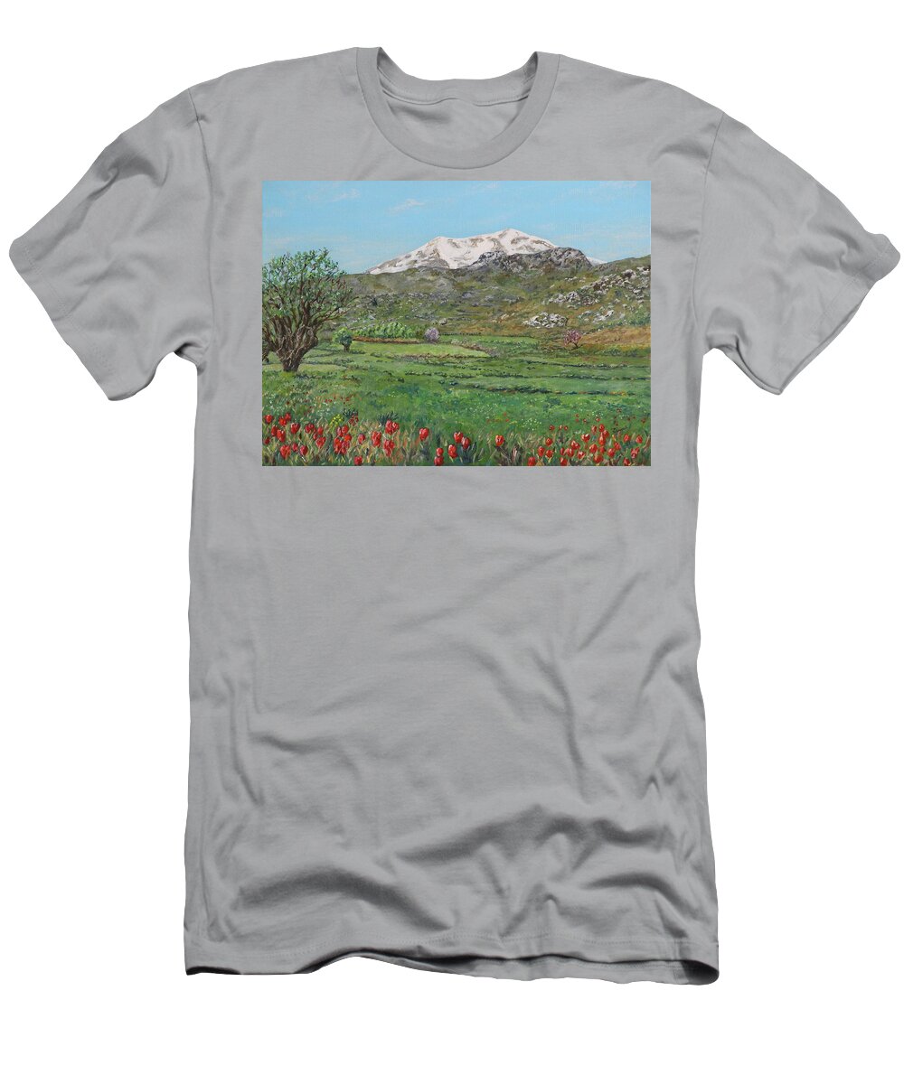 Crete T-Shirt featuring the painting Yious Kambos and Psiloreitis by David Capon