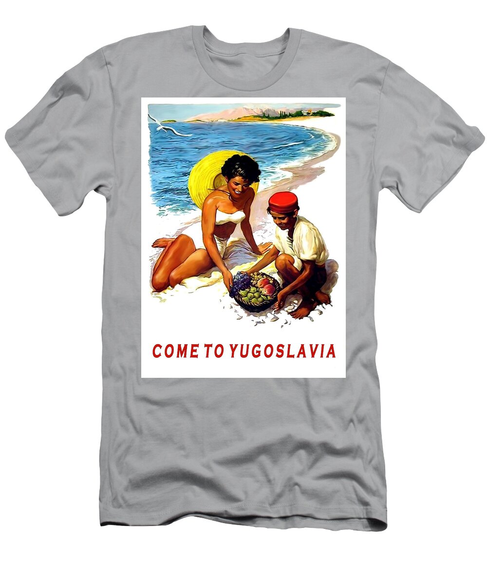 Yugoslavia T-Shirt featuring the painting Yugoslavia, woman in bikini buying some fruits from the local kid by Long Shot
