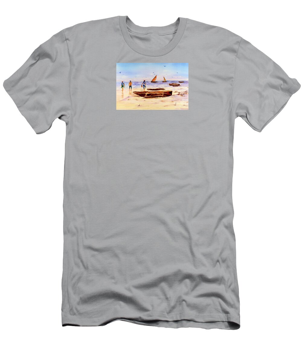 Beach T-Shirt featuring the painting Zanzibar Forzani beach by Sher Nasser