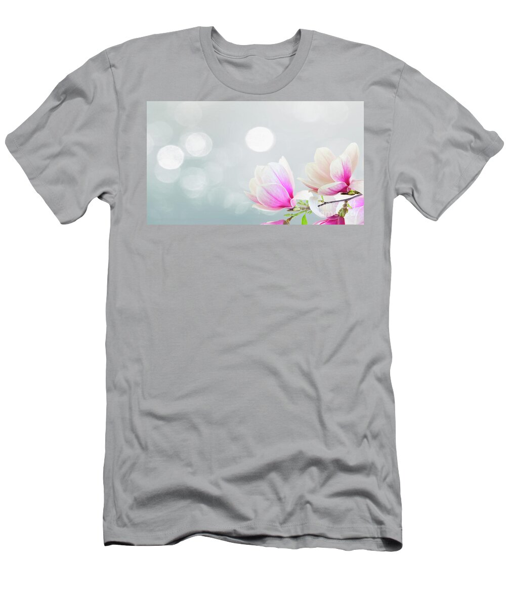 Magnolia T-Shirt featuring the photograph Blossoming Pink Magnolia Flowers by Anastasy Yarmolovich