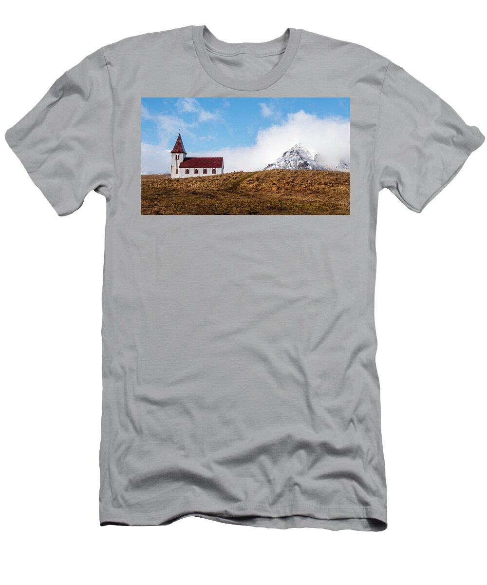 Iceland T-Shirt featuring the photograph Hellnar church in Snaefellsnes peninsula of Western Iceland. by Michalakis Ppalis