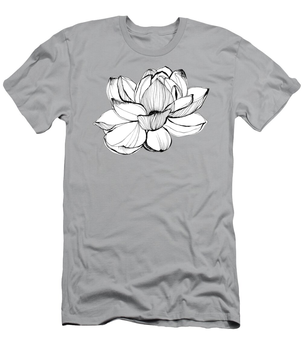Flower T-Shirt featuring the drawing Black and White Sketch Lotus Flower #2 by Simona Fava