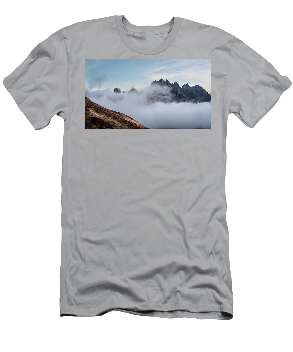 Italian Alps T-Shirt featuring the photograph Mountain landscape with fog in autumn. Tre Cime dolomiti Italy. #7 by Michalakis Ppalis