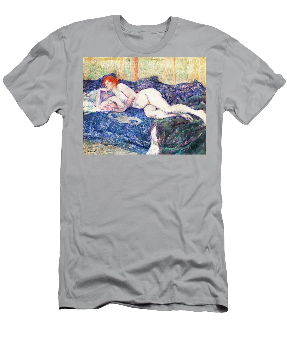 Naked T-Shirt featuring the painting Naked woman showing her breasts #1 by Henri de Toulouse Lautrec