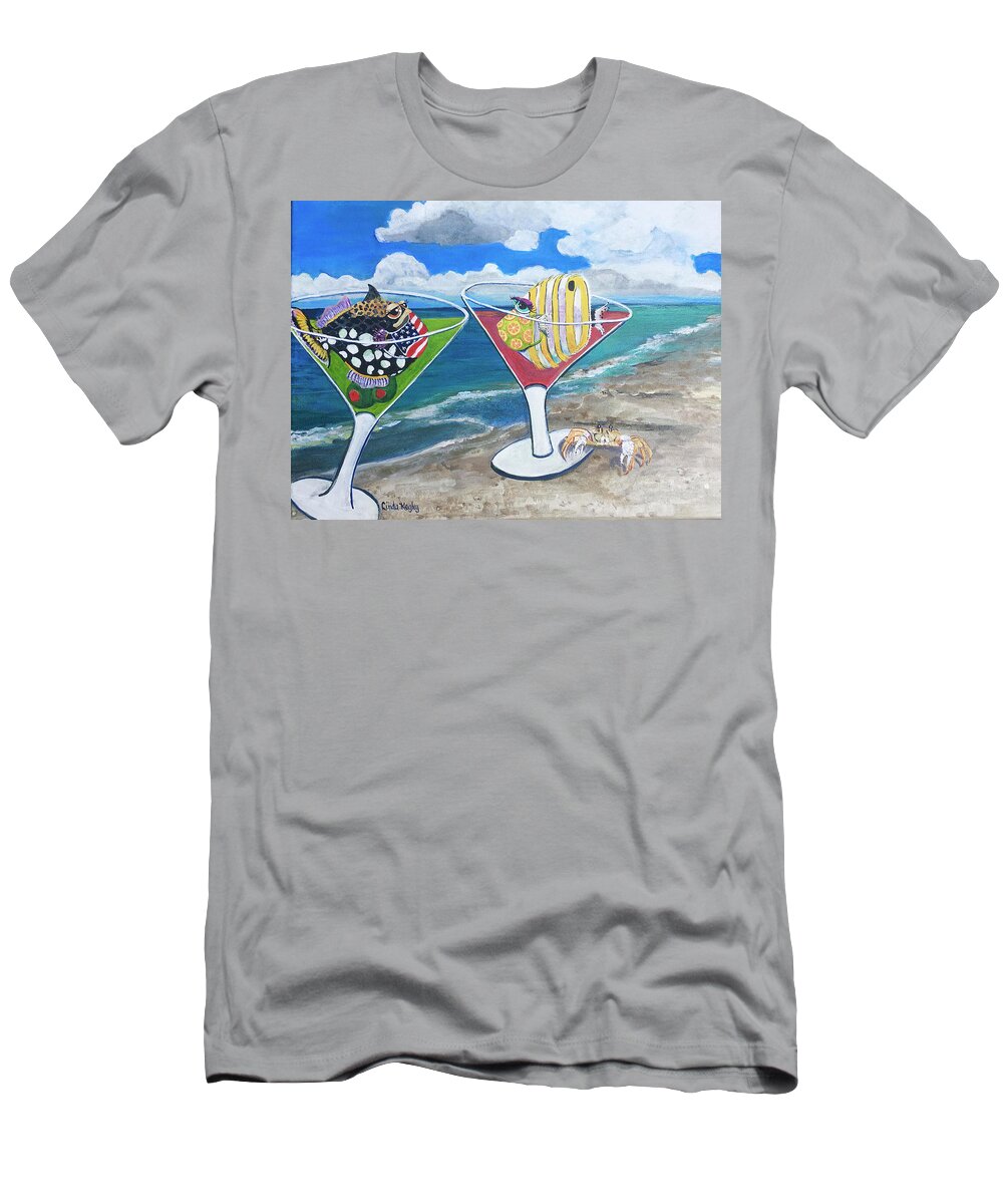 Quarantini T-Shirt featuring the painting Quarantini Beach Day #1 by Linda Kegley