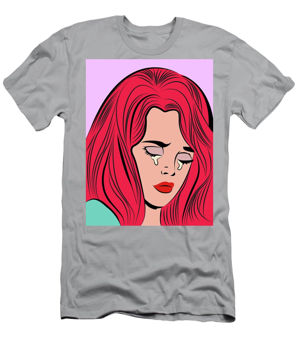 Popart T-Shirt featuring the digital art Redhead Girl in Tears #1 by Long Shot