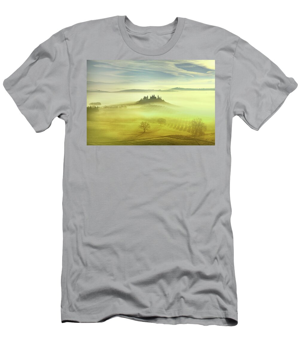 Tuscany T-Shirt featuring the photograph Farmland in a Foggy Morning by Stefano Orazzini