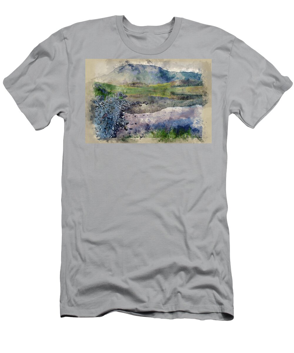 Landscape T-Shirt featuring the digital art Watercolor painting of Landscape reflected in calm Cregennen Lak #1 by Matthew Gibson