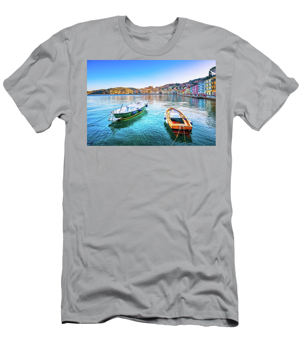 Porto T-Shirt featuring the photograph Wooden small boats in Porto Santo Stefano seafront. Argentario, #1 by Stefano Orazzini