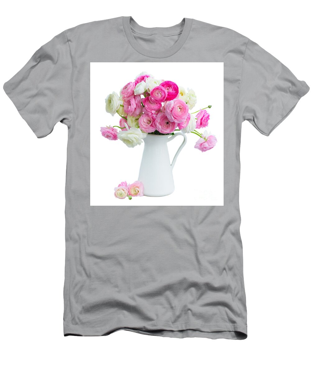 Flowers T-Shirt featuring the photograph Pink and white ranunculus flowers #2 by Boon Mee