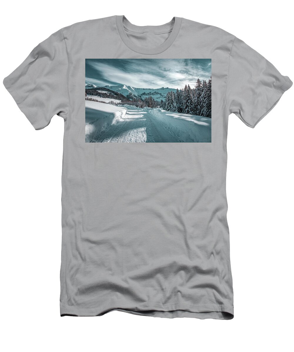 Geneva T-Shirt featuring the photograph Snowy road in the French Alps #2 by Benoit Bruchez