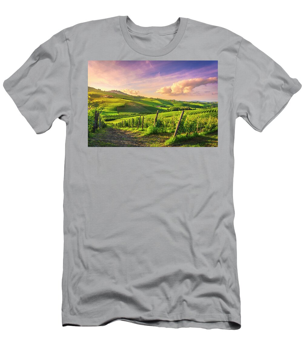 Vineyards T-Shirt featuring the photograph Langhe vineyards view, Barolo and La Morra, Piedmont, Italy Euro #3 by Stefano Orazzini