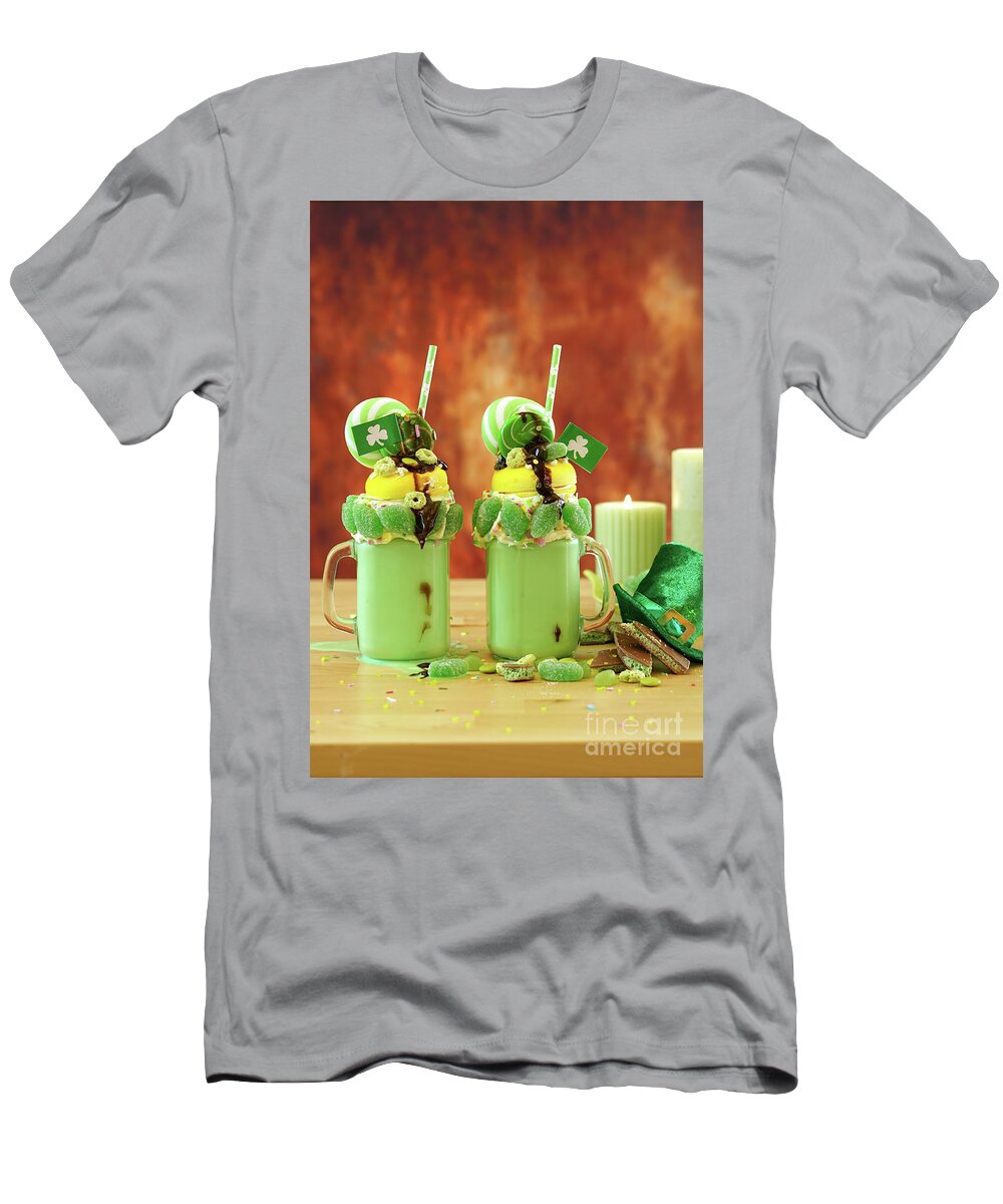 St Patricks Day T-Shirt featuring the photograph St Patrick's Day on-trend holiday freak shakes with candy and lollipops. #3 by Milleflore Images
