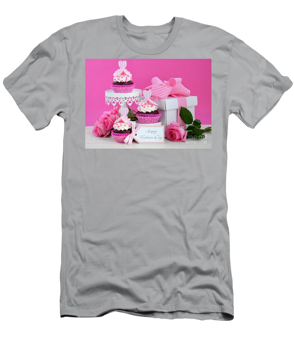 Background T-Shirt featuring the photograph Happy Mothers Day pink and white cupcakes. #5 by Milleflore Images