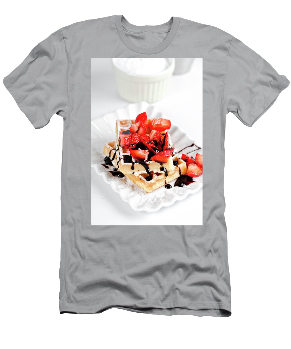 Waffles T-Shirt featuring the photograph Belgium waffers with sugar powder, strawberries and chocolate on #6 by Liss Art Studio