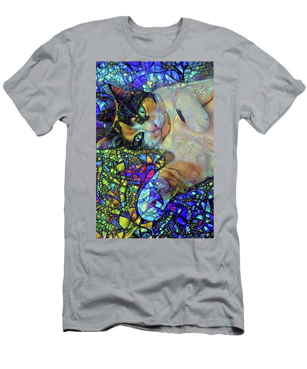 Calico Cat T-Shirt featuring the digital art A Calico Cat Named Shadow - Stained Glass by Peggy Collins