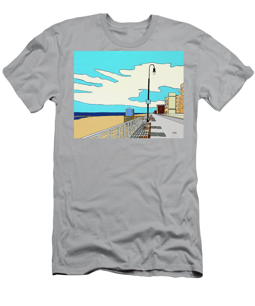 Long Beach Boardwalk Long Island Ocean Sand New York Beach T-Shirt featuring the painting A Long Beach Morning by Mike Stanko