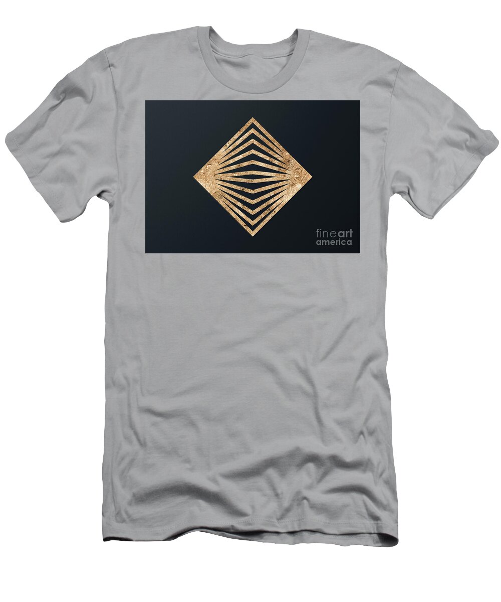 Glyph T-Shirt featuring the mixed media Abstract Geometric Gold Glyph Art on Dark Teal Blue 148 Horizontal by Holy Rock Design