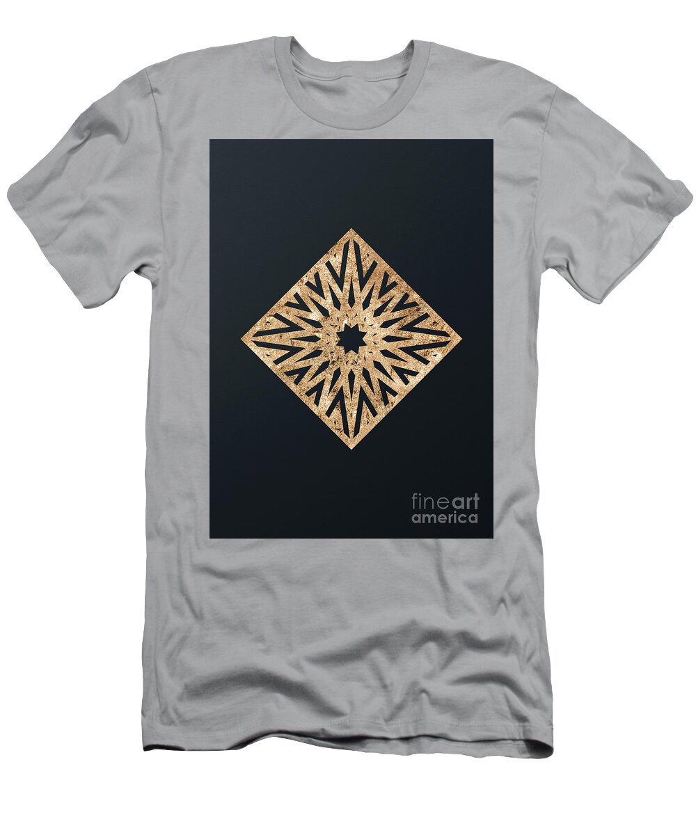 Glyph T-Shirt featuring the mixed media Abstract Geometric Gold Glyph Art on Dark Teal Blue 173 Vertical by Holy Rock Design