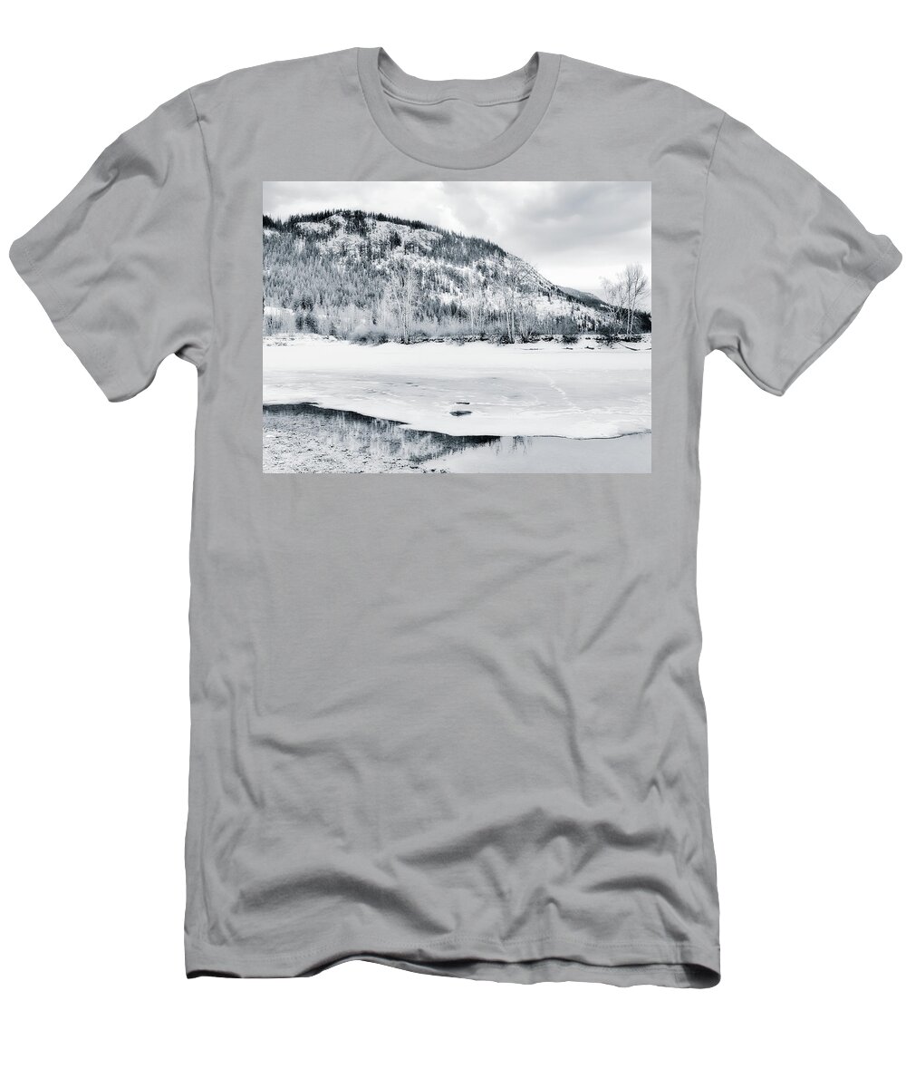 Black And White Photography T-Shirt featuring the photograph Across the Shuswap River Winter Black and White by Allan Van Gasbeck