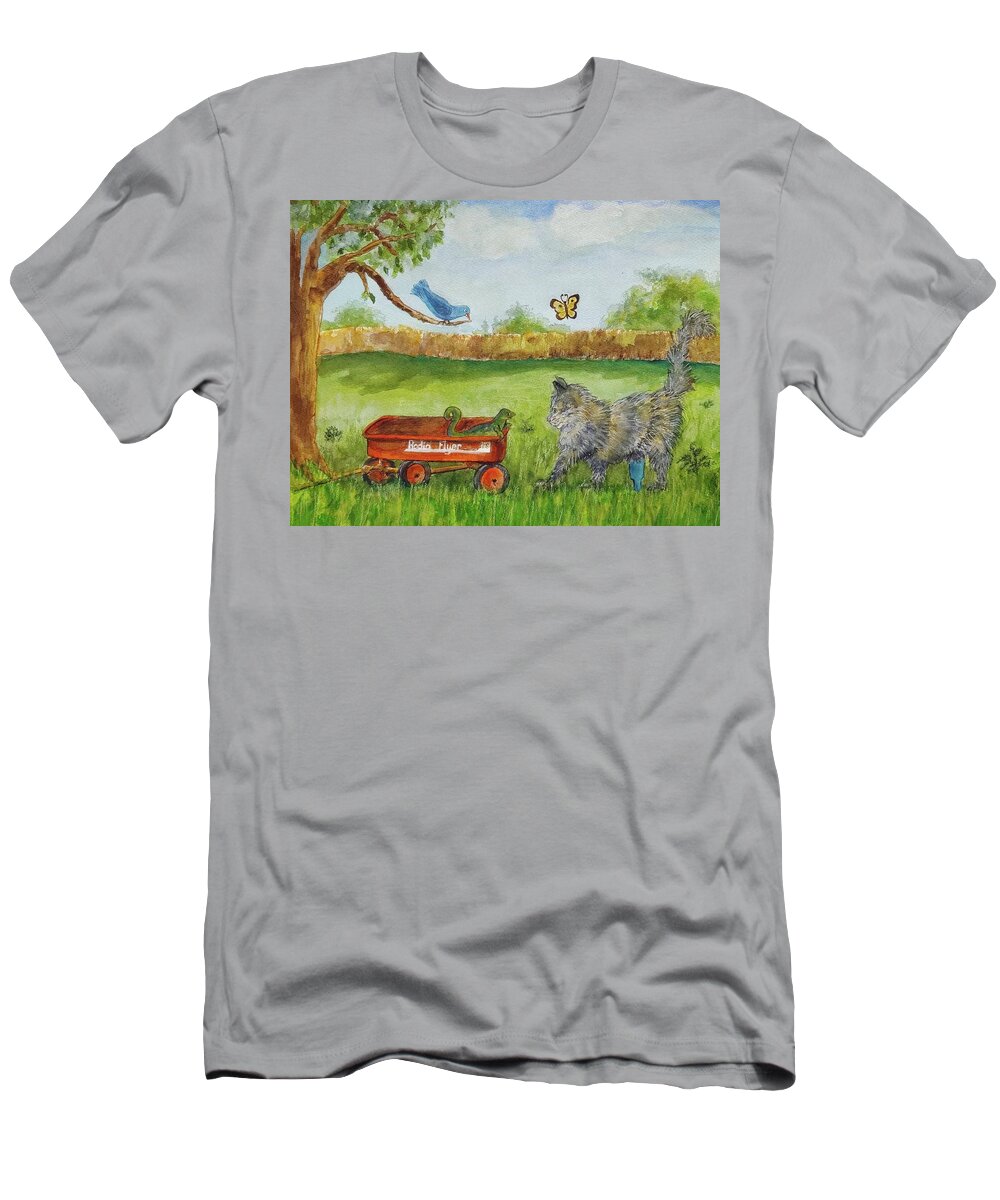Wagon T-Shirt featuring the painting Adventures of Stubby the Cat by Cheryl Wallace