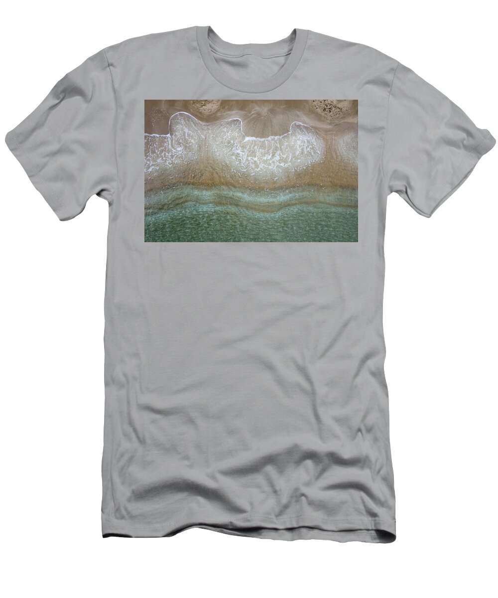 Golden Sand T-Shirt featuring the photograph Aerial view drone of empty tropical sandy beach with golden sand. Seascape background by Michalakis Ppalis