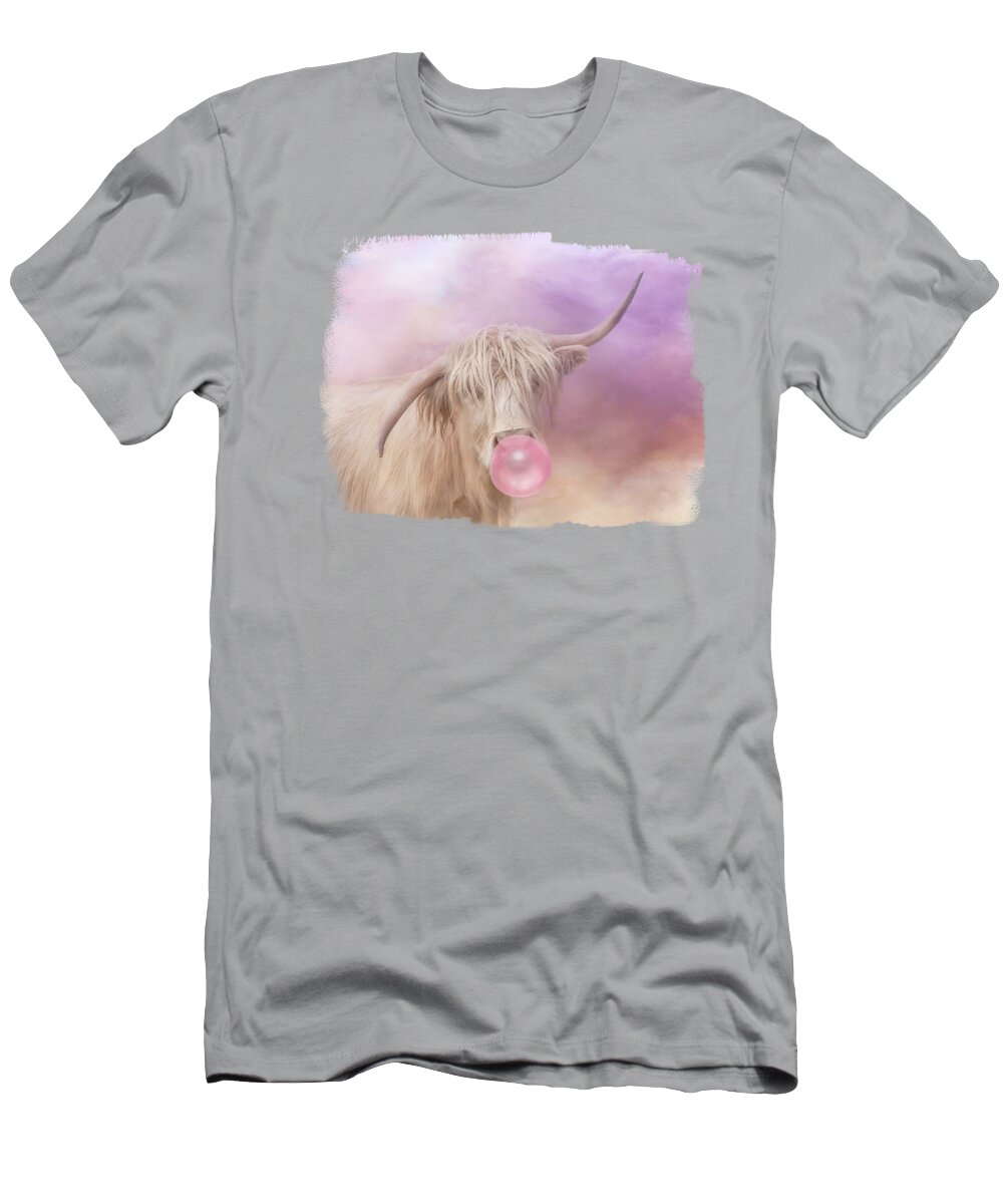 Highland Cow T-Shirt featuring the mixed media Albino Highland Cow with Bubble Gum 1 by Elisabeth Lucas