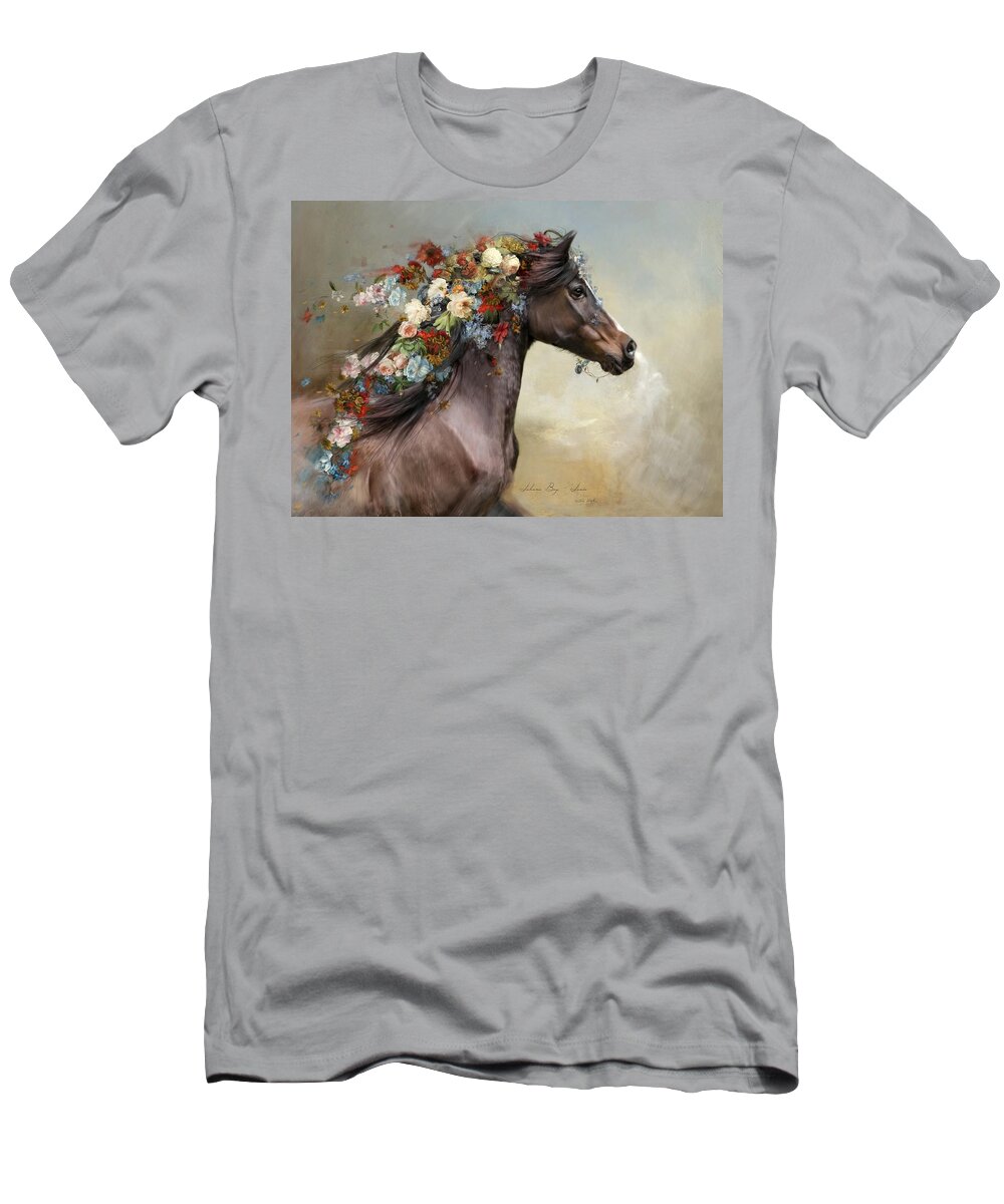  T-Shirt featuring the digital art Arabian Mare August Flowers by Dorota Kudyba