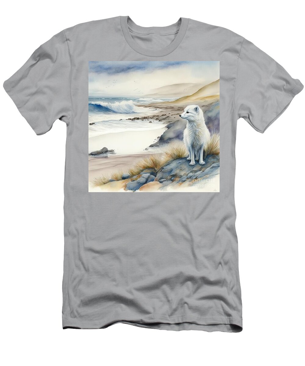 North T-Shirt featuring the painting Arctic fox at the beach by N Akkash