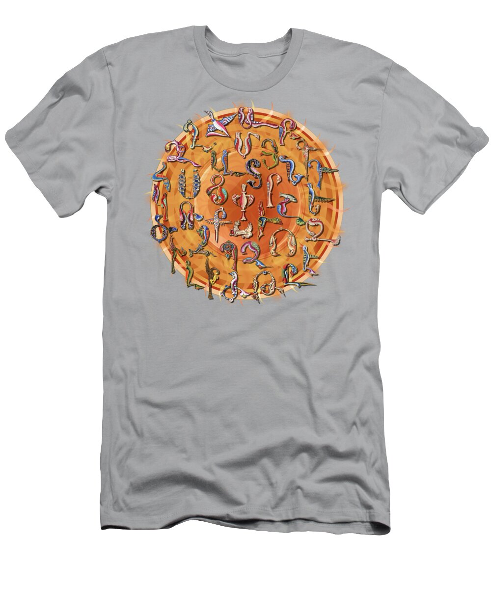 Alphabet T-Shirt featuring the digital art Armenian Birds Alphabet Circle by Peter Awax