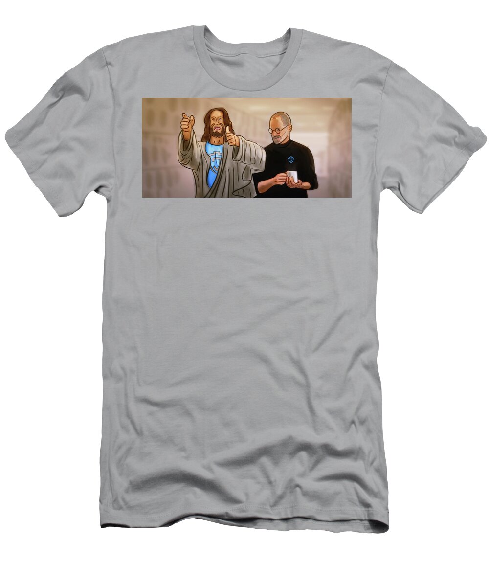 Jesus T-Shirt featuring the digital art Art - Jesus Meets with Steve Jobs by Matthias Zegveld