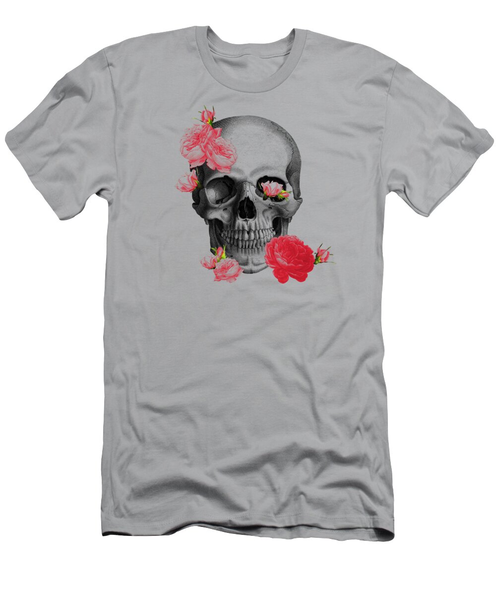 Skull T-Shirt featuring the digital art Skull with pink roses framed art print by Madame Memento