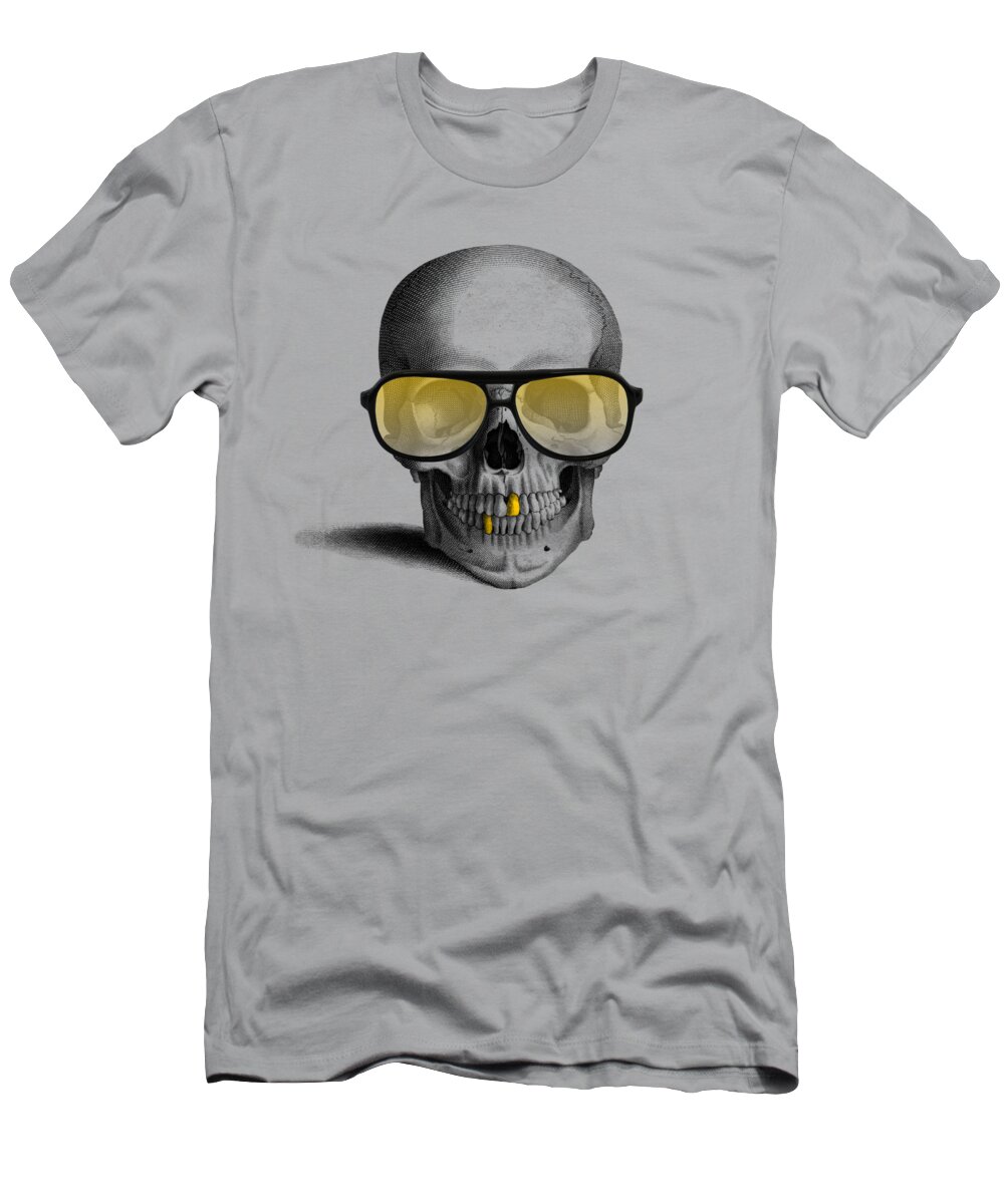 Gold Teeth T-Shirt featuring the digital art Skull with gold teeth and sunglasses by Madame Memento