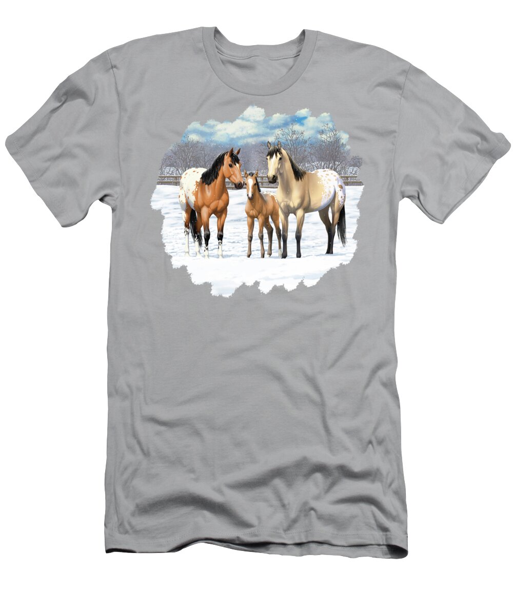 Horses T-Shirt featuring the painting Buckskin Appaloosa Horses In Winter Pasture by Crista Forest