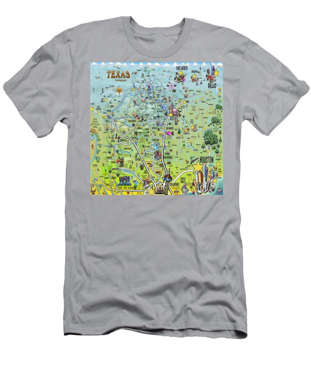 Texas T-Shirt featuring the digital art Texas Big Fun Map by Kevin Middleton