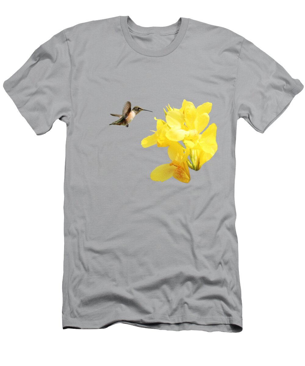 Beckoning T-Shirt featuring the photograph Hummingbird with Yellow Canna Lily Square by Carol Groenen