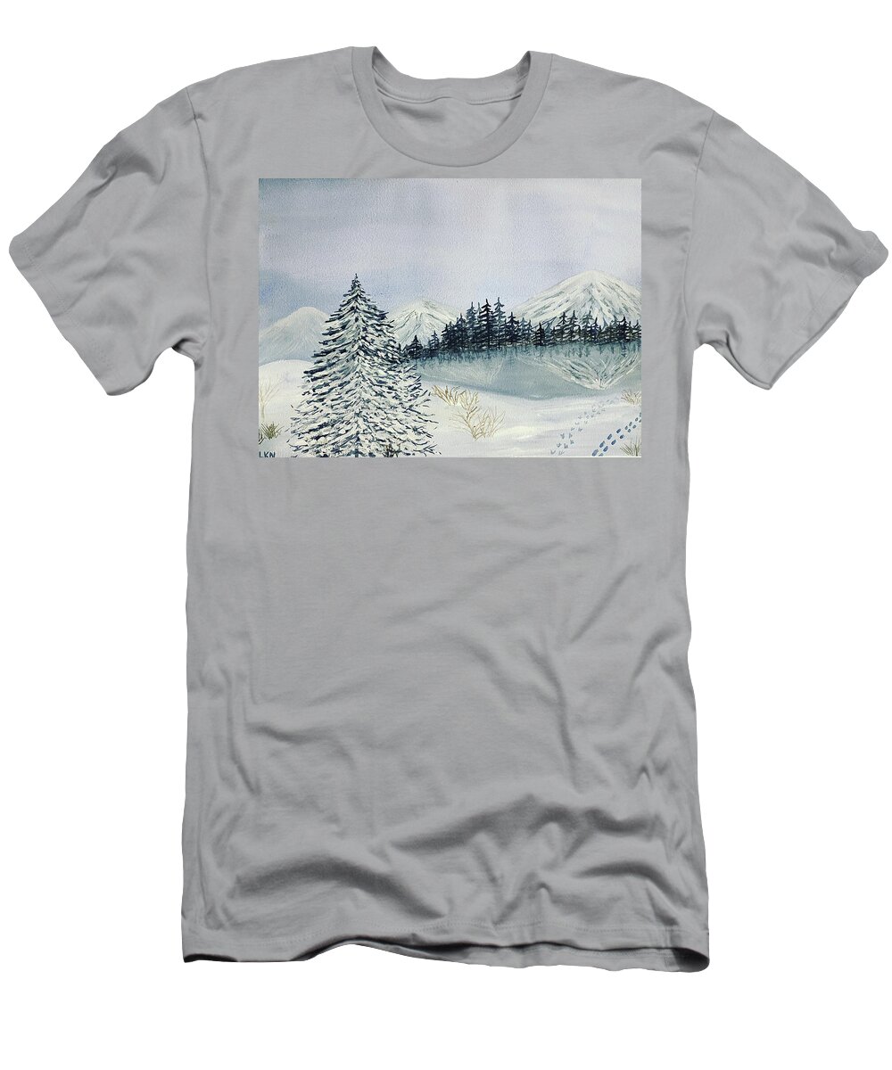 Winter T-Shirt featuring the painting Winter Tree and Mountains by Lisa Neuman