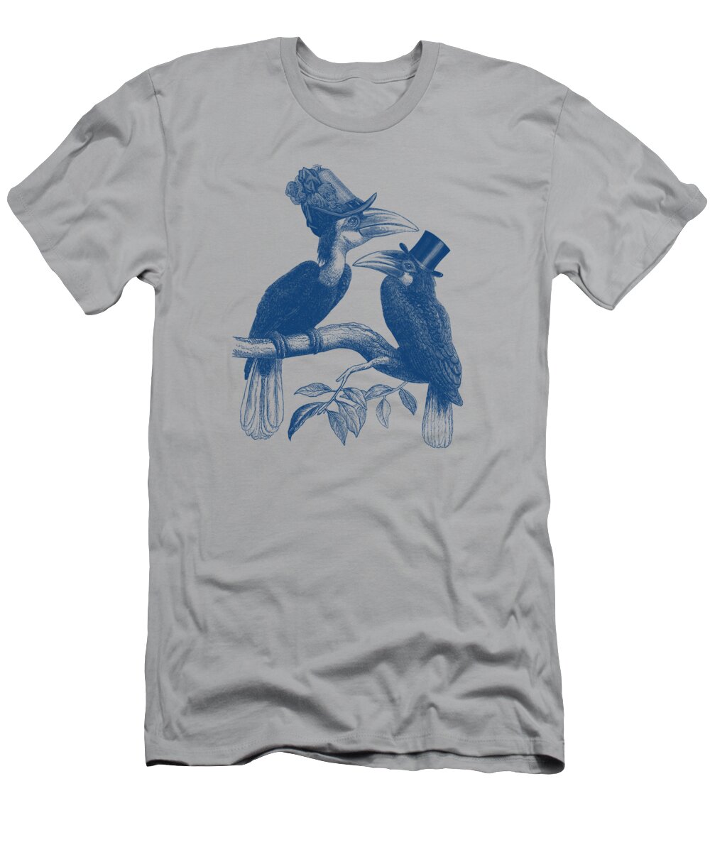Hornbill T-Shirt featuring the digital art Hornbill couple in blue by Madame Memento
