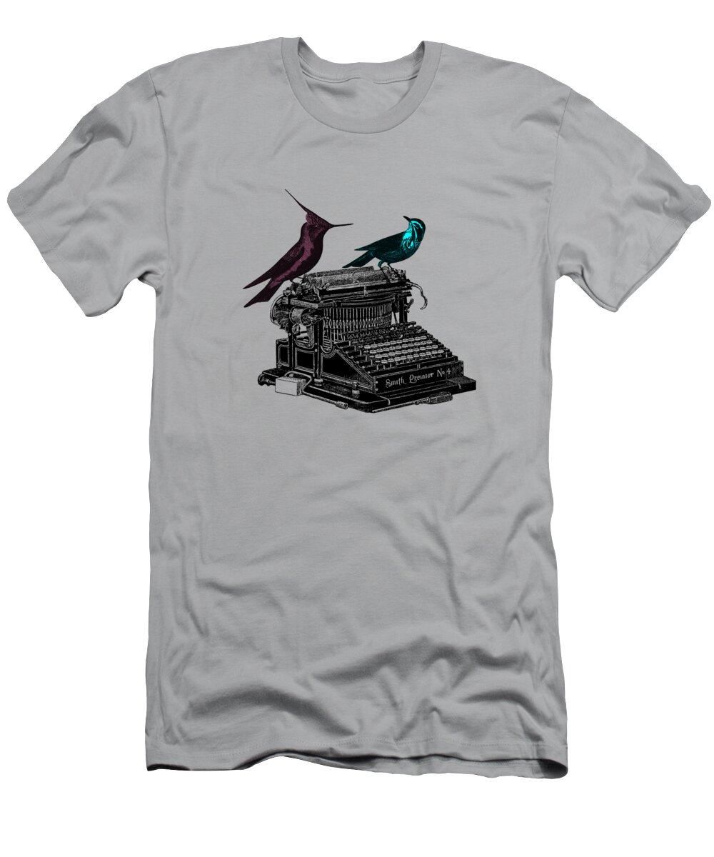 Bird T-Shirt featuring the digital art Birds On Typewriter by Madame Memento