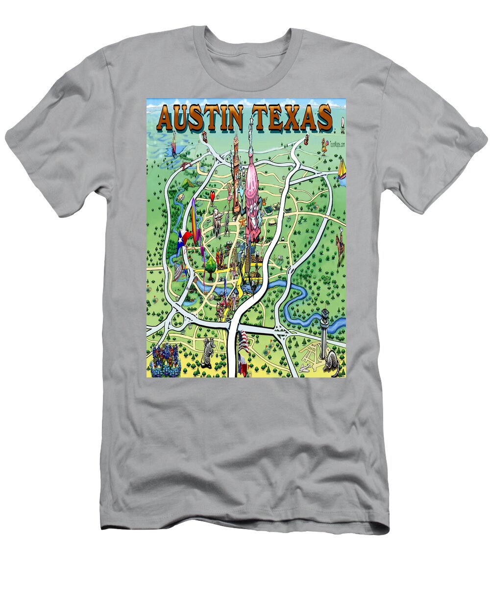 Austin T-Shirt featuring the painting Austin Texas Fun Map by Kevin Middleton