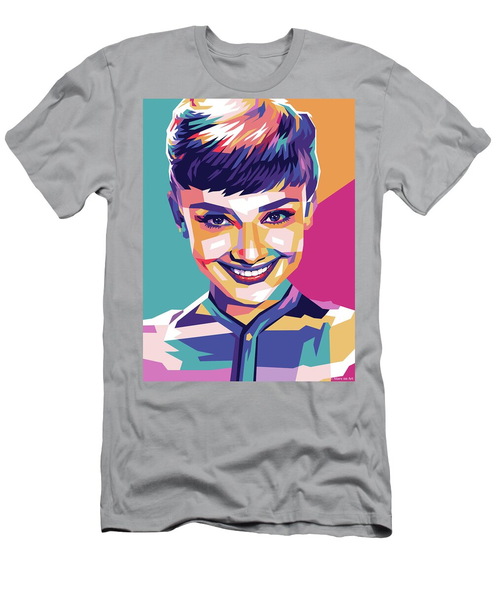 Audrey Hepburn T-Shirt featuring the mixed media Audrey Hepburn - early years by Movie World Posters