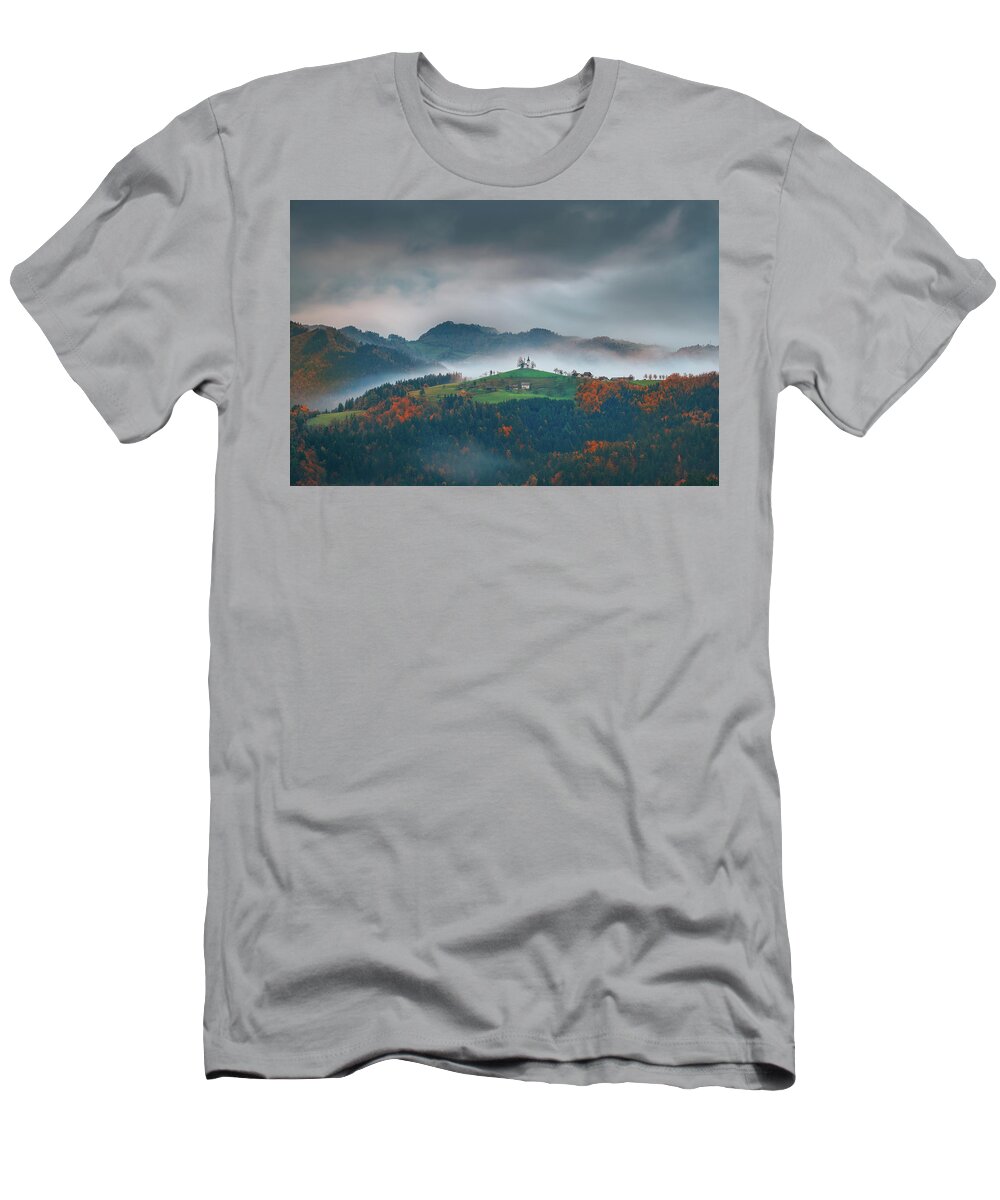 Church T-Shirt featuring the photograph Autumn at Slovenia by Henry w Liu