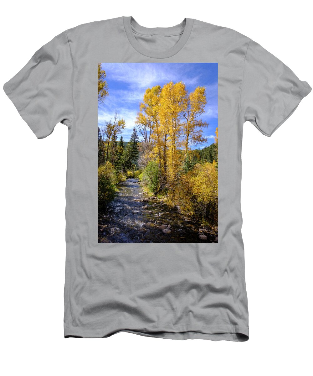 Scenic T-Shirt featuring the photograph Autumn Day in New Mexico Blue Skies Golden Trees by Mary Lee Dereske