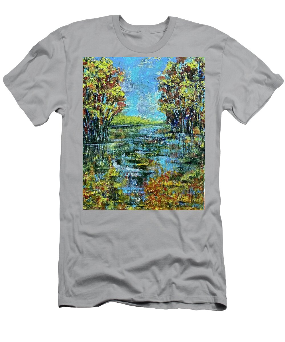 Landscape T-Shirt featuring the painting Autumn In Gold n' Blue by Rae Chichilnitsky
