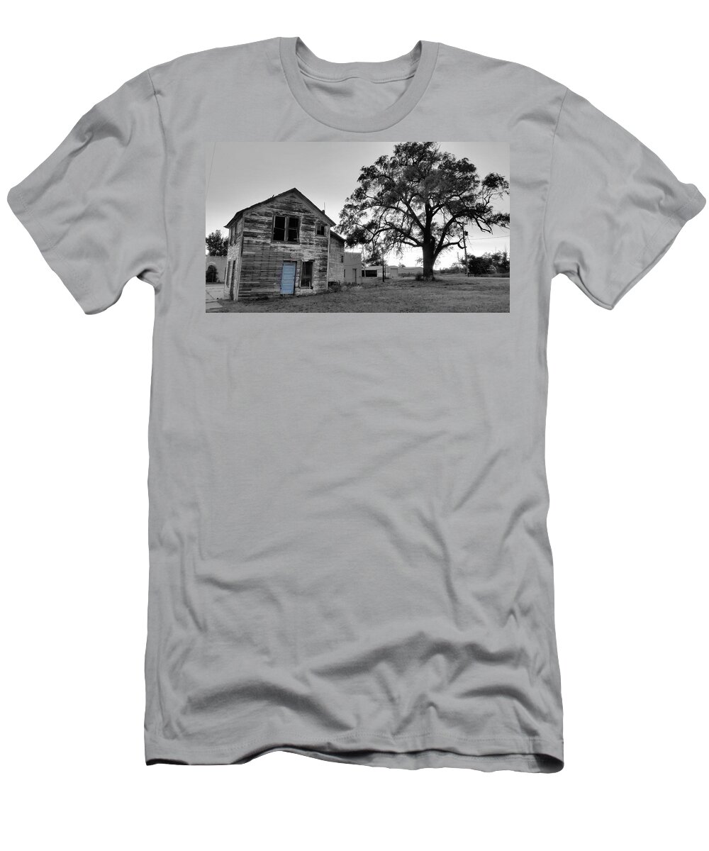 Abandoned Building T-Shirt featuring the photograph Baby Blue Door of Brownell, Kansas by Ally White