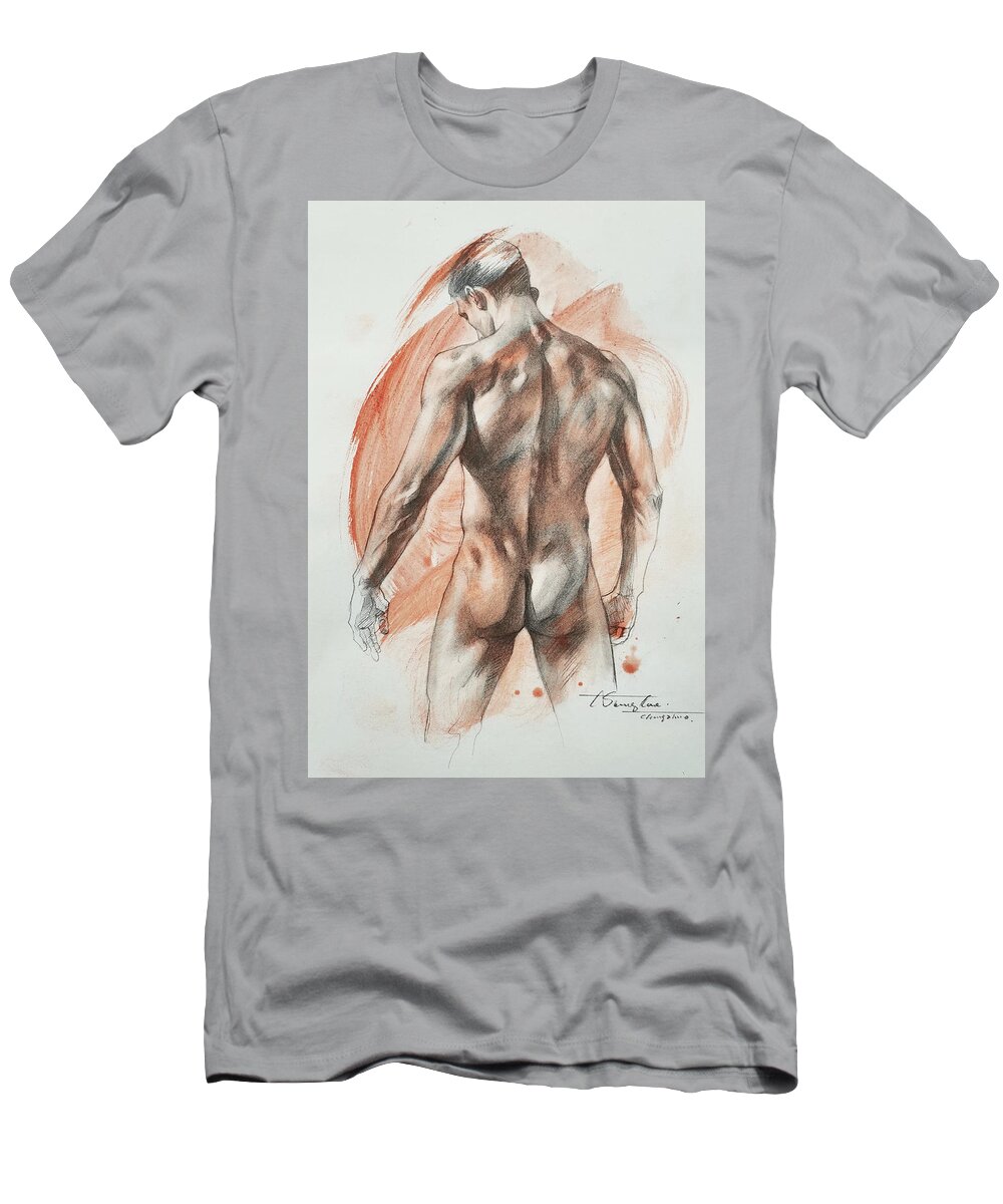 Male Nude T-Shirt featuring the drawing Back of male nude #20121 by Hongtao Huang