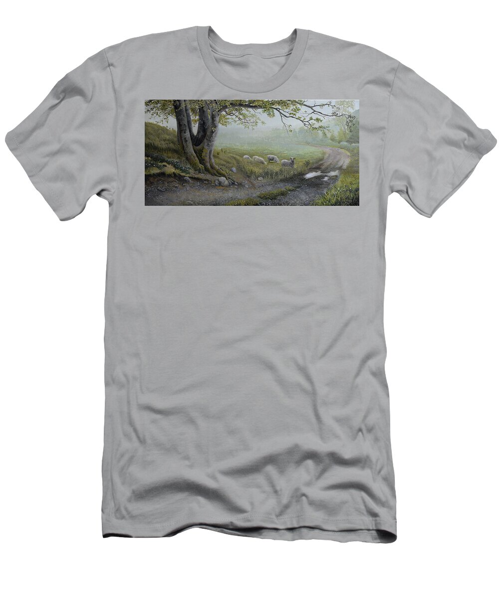 Sheep T-Shirt featuring the painting Backroads of Manchester by Charles Owens